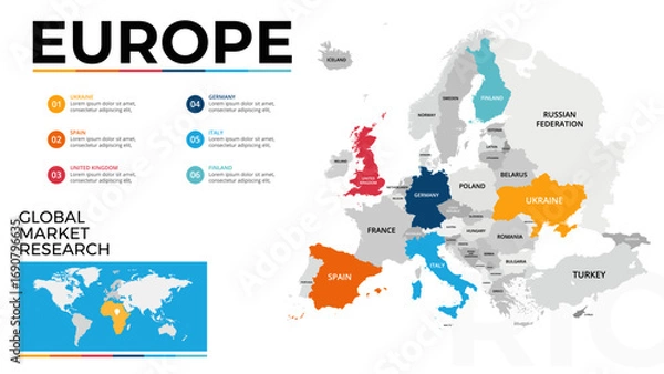 Fototapeta Europe Map Infographic With Colorful Regions And Global Market Research Highlights