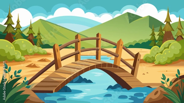 Fototapeta Vector art of a charming cartoon landscape featuring a wooden bridge over a gentle stream, with lush green hills and trees in the background, creating a peaceful scene