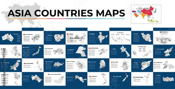 Fototapeta Collection of vector maps showcasing countries in Asia, each including descriptive highlights, geographic details, and visual representation ideal for educational and informational purposes.