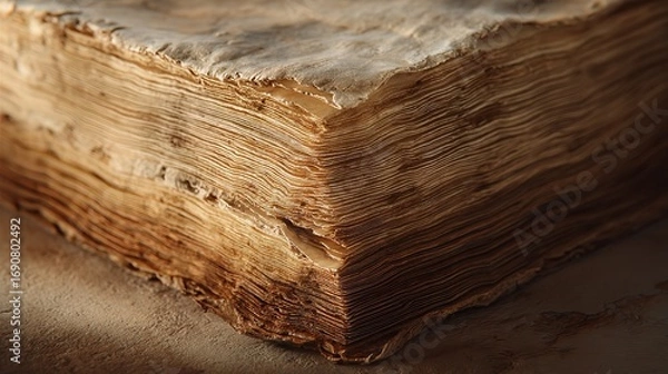Fototapeta Ancient Book:  Close-up of Aged Pages, Textured Spine, Historical Artifact