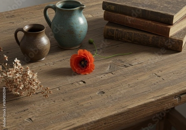 Fototapeta Rustic Still Life with Antique Books Pitchers and a Poppy
