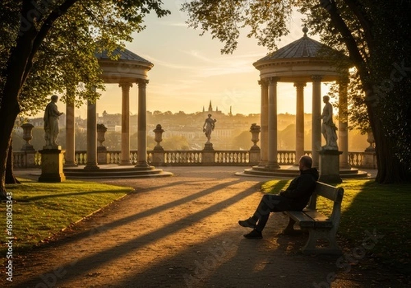Fototapeta Man Resting on Bench in Classical at Sunset