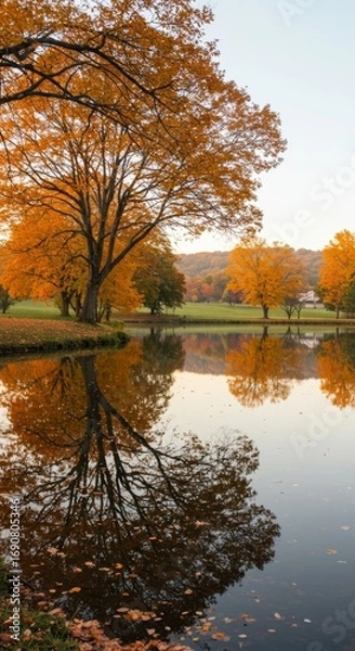 Fototapeta Autumn Trees Reflected in Calm Pond