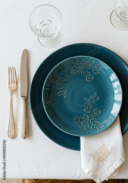 Fototapeta Elegant table setting with teal plates and embroidered napkin.