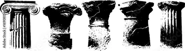 Fototapeta Grunge black and white ancient columns with cracked distress texture for vintage design