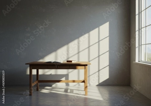 Fototapeta Sunlit wooden desk with open book and serene wall backdrop