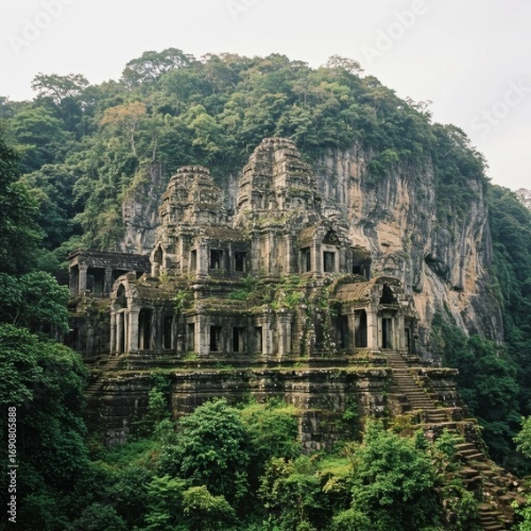 Fototapeta Ancient temple complex nestled on a lush mountainside.