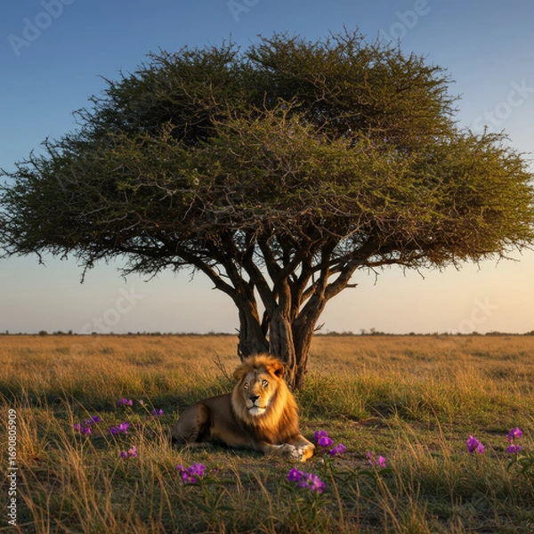Fototapeta Majestic Lion Rests Beneath Acacia Tree in Golden Savannah