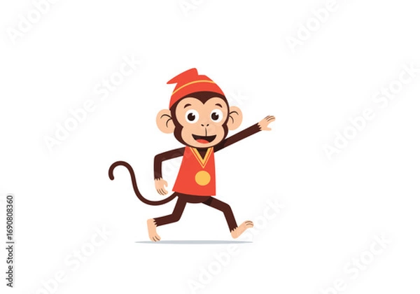 Obraz Happy cartoon monkey wearing a red hat and a gold medal running with joy