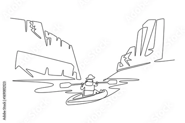 Fototapeta Traveler Valley Mountain concept. Single line draw design. Vector graphic illustration