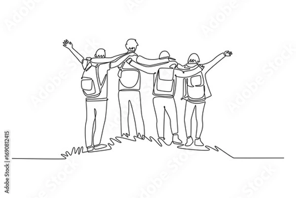 Fototapeta Traveler Valley Mountain concept. Single line draw design. Vector graphic illustration