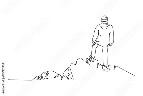 Fototapeta Traveler Valley Mountain concept. Single line draw design. Vector graphic illustration