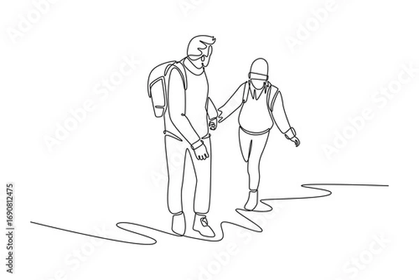 Fototapeta Traveler Valley Mountain concept. Single line draw design. Vector graphic illustration