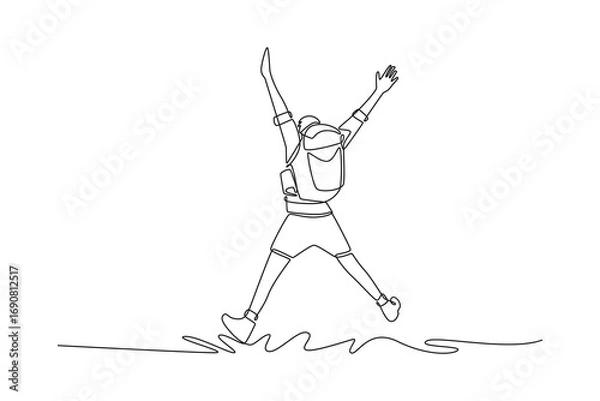 Fototapeta Traveler Valley Mountain concept. Single line draw design. Vector graphic illustration
