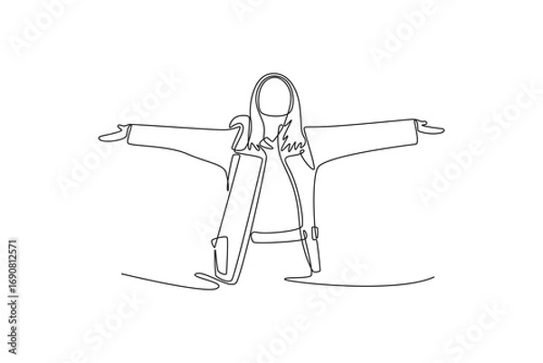 Fototapeta Traveler Valley Mountain concept. Single line draw design. Vector graphic illustration