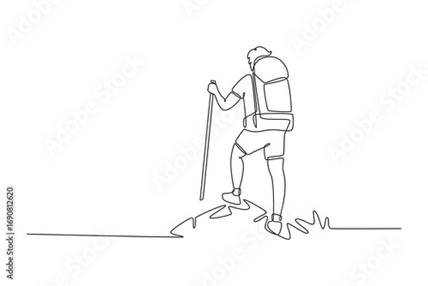 Fototapeta Traveler Valley Mountain concept. Single line draw design. Vector graphic illustration