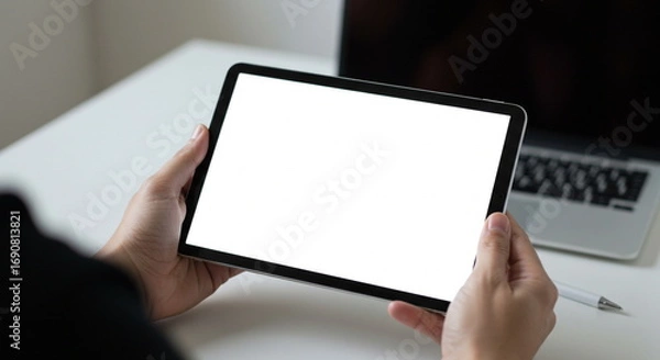 Obraz Person Holding Tablet with Blank White Screen at Desk