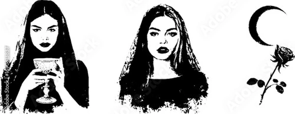 Fototapeta Monochrome grunge portraits and symbols with gothic aesthetic for creative design