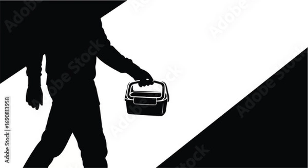 Fototapeta Person carrying a dark lunchbox in a minimalist, graphic design style.