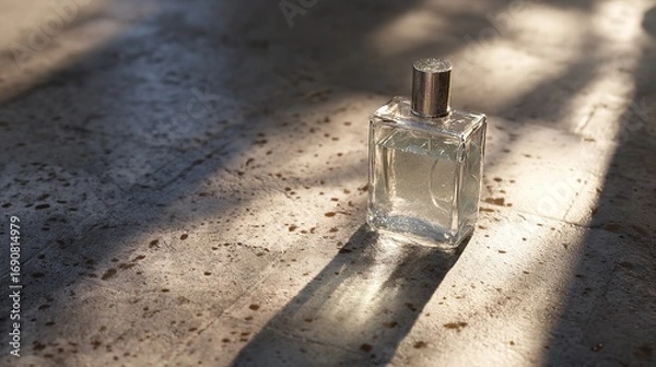 Fototapeta Perfume Bottle: Sunlight & Shadow on Textured Surface