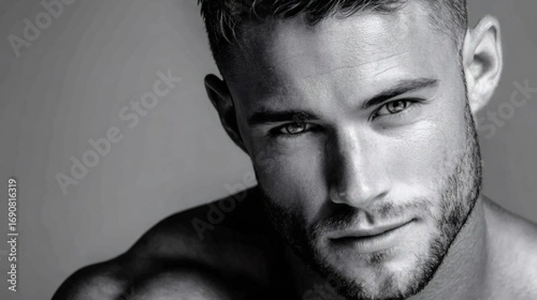 Obraz Handsome male model posing bare chested in black and white