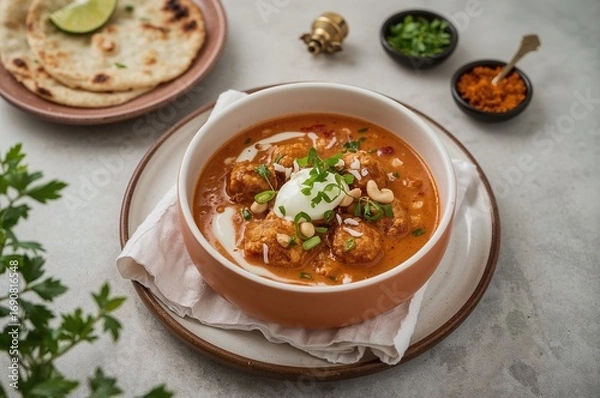 Obraz Cremiges Butter Chicken im Tomaten Curry wird mit Joghurt, Cashew und Kräutern serviert