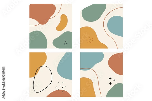 Fototapeta Set of four modern abstract backgrounds with organic shapes and hand drawn elements in earthy tones for contemporary art