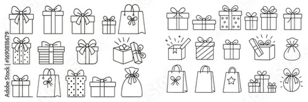 Fototapeta Set of gift box and present line icons for holiday celebration and shopping concepts on a white background