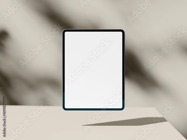 Fototapeta Minimal tablet screen mockup with shadow on beige abstract background