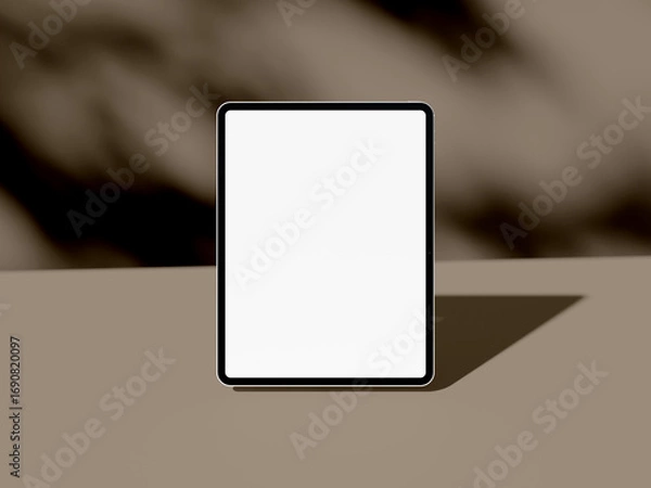 Fototapeta Dark tone tablet mockup with shadow on brown blurred background