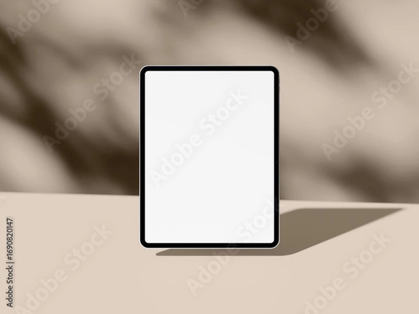 Fototapeta Clean tablet screen mockup with shadow on soft beige abstract background