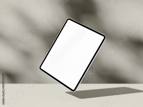 Fototapeta Floating angled tablet screen mockup with shadow on beige abstract surface