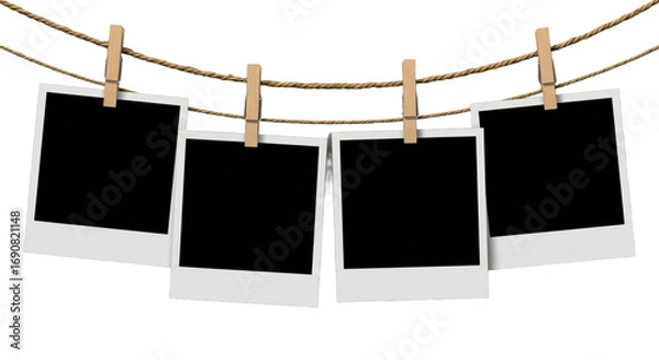 Fototapeta Blank Instant Photo Prints on Clothesline with Wooden Clips - Transparent Background
