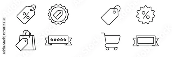 Fototapeta E-commerce and online shopping line icon collection featuring price tags, discounts, shopping carts, and rating symbols for web and mobile apps
