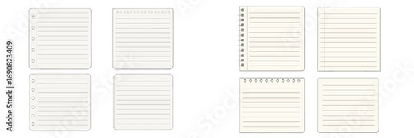 Fototapeta Collection of blank lined notebook paper sheets, spiral notepad pages, and memo templates for school or office stationery