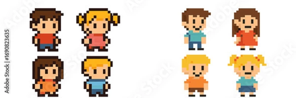 Fototapeta Set of pixel art characters for retro video games, collection of boys and girls in 8-bit style isolated on white background