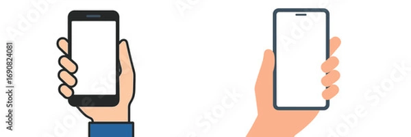 Fototapeta Set of two hands holding modern smartphones with blank white screens for mockup or app presentation isolated on white