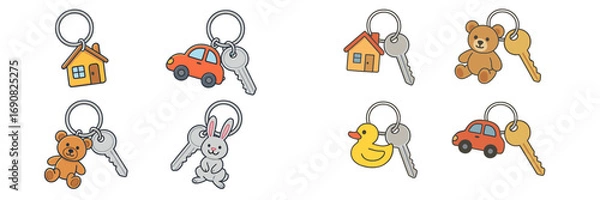 Fototapeta Set of cute cartoon keychains with various charms like house, car, teddy bear, rabbit, and duck isolated on a white background