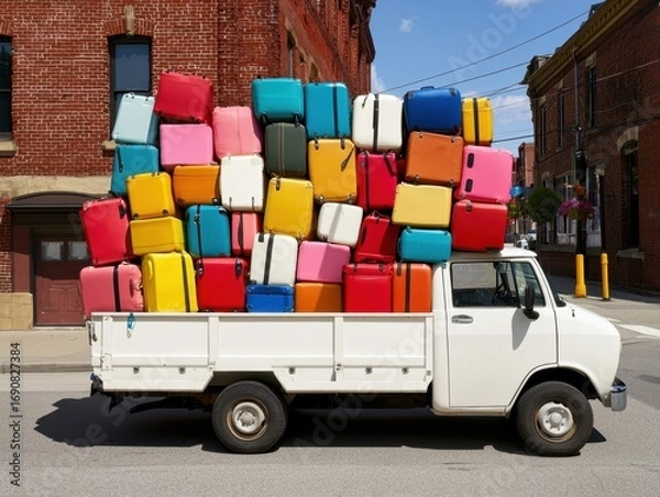 Fototapeta A small white truck overloaded with colorful suitcases is parked on a city street lined with brick buildings.