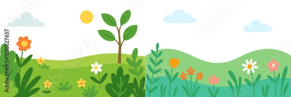Fototapeta Cartoon spring landscape with rolling green hills, colorful flowers, a small tree, and a bright sun in the sky