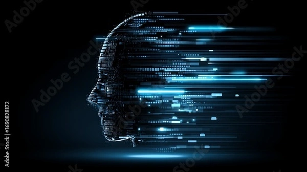 Fototapeta A striking digital rendering portrays a human head dissolving into streams of vibrant blue data, symbolizing the intersection of consciousness and technology in the modern age.