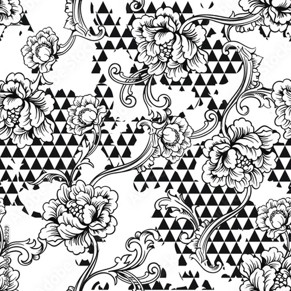 Fototapeta Eclectic fabric seamless pattern. Geometric background with baroque ornament