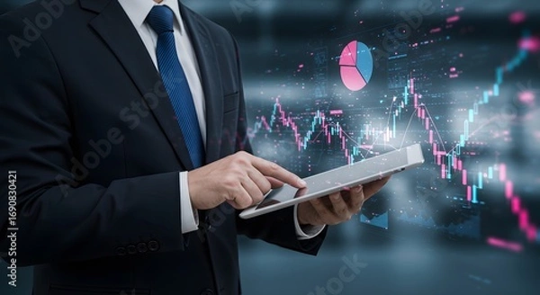 Fototapeta Businessman in Dark Suit Using Tablet with Digital Financial Data and Graphs