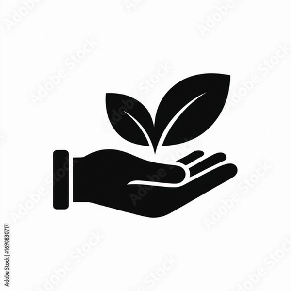 Fototapeta Nurturing New Growth: A stylized graphic of a hand cradling emerging leaves, symbolizing care, sustainability, and the growth of the natural world.