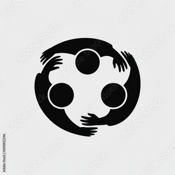 Fototapeta Unity in Circle: A symbolic, graphic representation of three figures, forming a circle of hands, signifying unity, community, and the strength of collaboration, conveyed through minimalist design.