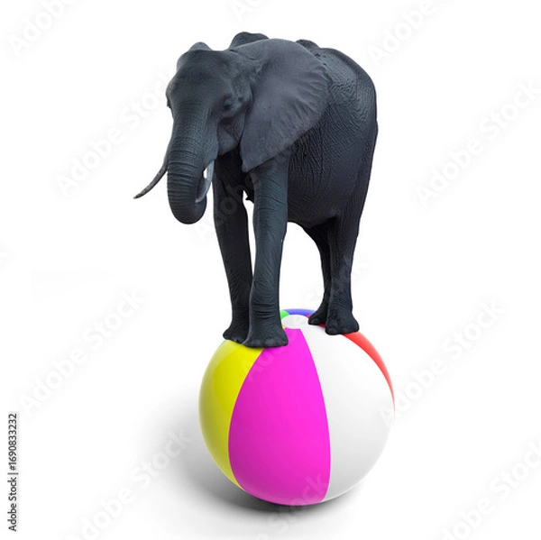 Fototapeta Elephant balancing on a colorful beach ball, isolated on white.