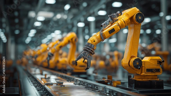 Fototapeta Yellow industrial robots sorting and recycling plastic water bottles in a modern waste management facility.
