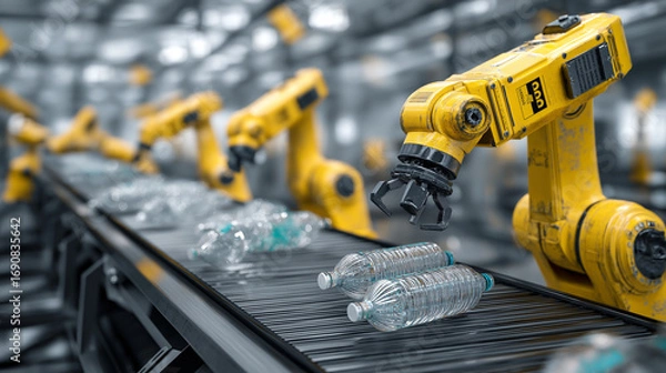 Fototapeta Yellow industrial robots sorting and recycling plastic water bottles in a modern waste management facility.

