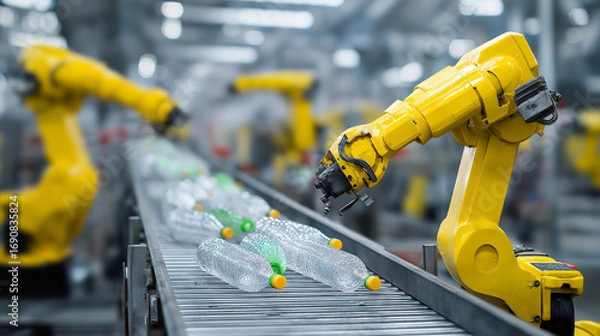 Fototapeta Yellow industrial robots sorting and recycling plastic water bottles in a modern waste management facility.
