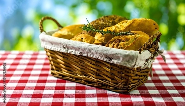 Fototapeta Basket of assorted breads on a checkered tablecloth outdoors